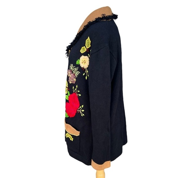 VTG Storybook Knits Holiday Floral Cardigan Sweater Embellished Black Gold Large - Picture 2 of 16